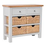 RoselandFurniture Farrow Grey Console Table for Hallway Slim Storage with Baskets & Oak Top | Wide Painted Solid Wooden Telephone Stand Cabinet for Living Room or Bathroom | Fully Assembled