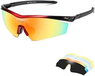 Duco Polarized Sports Cycling Sunglasses for Men with 5 Interchangeable Lenses for Running Golf Fishing Hiking Baseball, 0022 Red, Medium