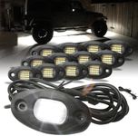 SUNPIE 12 Pods White Rock Lights, Aluminium Metal, 24 High Power Chips, 4M Extension Wires Each, 6000K Pure White, Mounting Pads, IP67 Waterproof Rock Lights for Trucks Trailer Cars SUV ATV UTV Boats