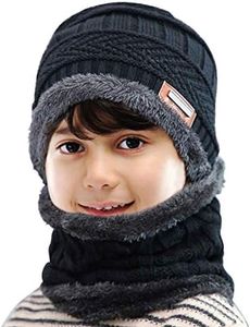 MAYLISACC Winter Hats and Infinity Scarf 2 Pcs Set for Kids Boys 5-12 Years Old Warm Fleece Thick Neck Warmer Black