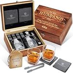 Whiskey Stones Gift Set | Husband Birthday Gifts Artisan Crafted Chilling Rocks Stones Scotch Bourbon Glasses and Slate Table Coasters