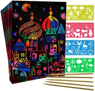 Scratch Paper Art Set for Kids: 50 Sheets Magic Black Scratch Art Paper Cards with 4 Stencils 5 Wooden Stylus, Gifts for Kids Ages 3-12 Girls Boys Birthday Christmas Halloween Party Favors Game Toys