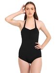 CREVOX Halter V Neck Solid Black Sleeveless One Piece Swimming Costume for Womens and Girls | Removable Pads | Sleevless (Medium, Nylon)