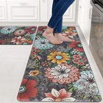 Yugarlibi 2 Pieces Kitchen Mats, PVC Kitchen Rug Runner Non-slip Waterproof, Anti-fatigue Soft Standing Mats Area Rugs, Oil-Resistant Washable Floor Mats for Kitchen Home Office 44x75+44x120cm Flowers