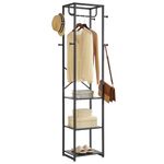 IBUYKE Coat Rack, Freestanding Coat Stand with 3 Shelves and 8 Hooks, Industrial Clothes Stand for Entryway, Hallway, Bedroom, 180 x 40 x 30 cm, Black TMJ088B