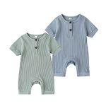 Newborn Infant Baby Boy Girl Summer One-Piece Clothes Knitted Solid Short Sleeve Romper Jumpsuit Bodysuit - 3-6 Months (Light Green+Blue)