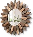 Emfogo Wall Mirror Decorative 12 inch Rustic Wood Farmhouse Mirror Sunburst Boho Mirror for Entryway Bedroom Living Room (Tri Color)