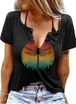 Eniloyal Womens Graphic T Shirt, Summer Ring Hole V Neck Tops, Casual Loose Fit Short Sleeve Shirts (Small, Sunset Dragonfly Black)