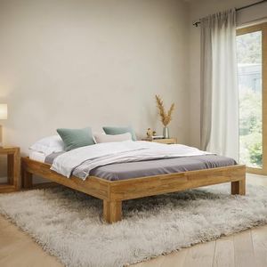 skølm Floki Massivholzbett 160x200 cm aus Eiche - hochwertiges Bettgestell - Bettrahmen ohne Bettkopf - Holzbett in Natur geölt - Bett geeignet als Doppelbett - minimalistisches Futonbett