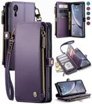 Defencase Wallet Case Compatible with iPhone XR with RFID Blocking Card Holder Slot for Women and Men, Fashion PU Leather Magnetic Snap Flip Zipper Strap Phone Case Suitable for iPhone XR, Purple