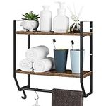 Towel Rack with Shelf 2 Tier Wall Mounted Industrial Bathroom Shelf with Towel Bar 5 Hooks Rustic Wood Towel Holder Shelf for Bathroom Living Room Kitchen, Brown