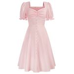 Women Vintage Puff Sleeve A-Line Dress Ruched Square Neck Swing Tea Party Dress with Decoration Buttons Front Pink 356-01 L