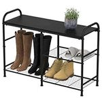 DOMYDEVM Shoe Rack for Front Door Entrance and 3-Tier Metal Shoe Rack Bench with Wood Seat for Store 4-6 Pairs of Shoes with High Boots Storage Suitable for Bedroom Living Room and Bathroom, Black