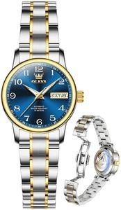 OLEVS Self Winding Watches for Women Luxury Blue Face Automatic Womens Watch Two Tone Waterproof Mechanical Dress Silver Ladies Watches for Small Wrists Elegant Casual Female Watch Reloj para Mujer