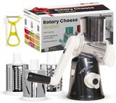 Rotary Cheese Grater Hand Crank Cheese Shredder with 3 Blades, Strong Suction Base, Peeler and Brush, Multifunction Graters, Salad Shooter, Vegetable Grater, Food Shredder (Black)