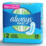 Always, Maxi Pads For Women, Size 2, Long Super Absorbency 26 Count