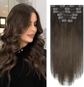 Aison Medium Brown Clip in Hair Extensions Real Human Hair 70G/7Pcs Soft Silky Straight 16clips Hair Extensions for Women 18 Inch