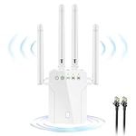 WiFi Extender Booster 1200Mbps Wireless Internet 5GHz & 2.4GHz Dual Band with Long Range High Gain 4 Antennas WiFi Repeater Fast Speed Signal Amplifier with RJ45 Cable, Access Point, WPS, 2*LAN port