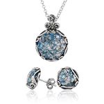 Paz Creations Sterling Silver Pendant and Earrings Set With Roman Glass Patina - Round-Cut Ball Earrings and Pendant - Natural Lace Pattern Jewelry Set For Women