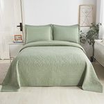 WINLIFE 100% Cotton Quilt Bedspread Sets Embroidered Floral Printed Coverlets American Pastoral Matelasse Bedspread, Matched 2 Pillow Shams, King, Green