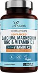 Calcium, Magnesium, Zinc and Vitamin D Plus Vitamin K2 MK-7 Tablets - Osteo Supplement - 180 Vegan Tablets not Capsules - Made in The UK by YrHealth