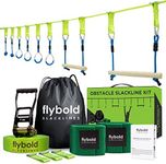 Flybold Obstacle Course for Kids - 40 Ft Ninja Warrior Slackline Kit with 8 Adjustable Obstacles - 40-Piece Slack Line Training Equipment - Twin Gear Ratchets, Tree Protectors, Carry Bag and Manual