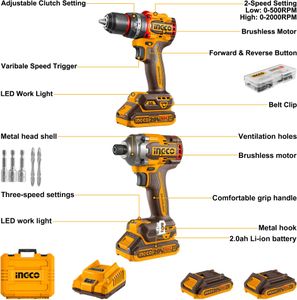 INGCO 20V Brushless Impact Driver & Drill Twin Pack – 2 Batteries, Charger