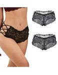 comeondear Lace Thongs Women Sexy Knickers High Waisted Underwear Cheeky Tanga with Cotton Crotch French Knickers Bikini Briefs Black 2-Pack UK 12 14