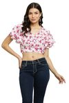 JAGURO Stylish Crop Blouson V Neck Top - Trendy Women's Fashion for Every Occasion (Small, Pink Butterfly)