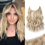 REECHO Invisible Wire Hair Extensions with Thinner Softer Lace Weft Adjustable Size Removable Secure Clips in Wavy Secret Hairpiece for Women 12 Inch (Pack of 1) - Medium Blonde with Highlights