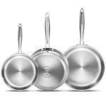 DELARLO Whole body Tri-Ply Stainless Steel Frying Pan set, 8”/10”/12” Cooking pans, Kitchen Cookware Set, Fast heating Chef's pan with Ergonomic Handles, Suitable for All Stove