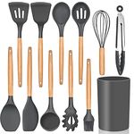 Kitchen Utensils Set of 12, E-far Silicone Cooking Utensils with Holder, Non-stick Cookware Friendly & Heat Resistant, Includes Spatula Tong Whisk Ladle Brush Slotted Turner Spoon(Gray)