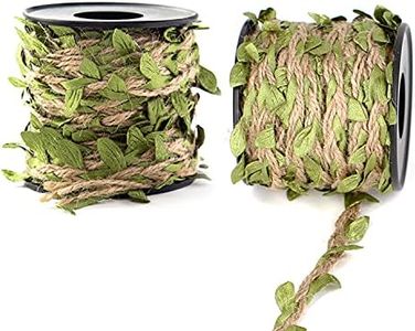 Jute Twine with Leaf, 5mm 65.6Feet Hessian Twine with Artificial Leaves, Natural Jute Twine String, Green Leaves Leaf Trim, Burlap Leaf Ribbon, Perfect Braided Decorated Vine for DIY handmade Art & Crafts, Wedding Christmas Garden Decoration, Gifts (2 Roll x 32.8 Feet)