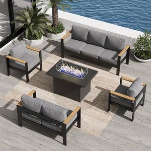 Aeeiua Aluminum Outdoor Patio Furniture Sets, 5 Piece Metal Patio Conversation Sets with Fire Pit with 5 Inch Cushion for Garden Backyard Deck