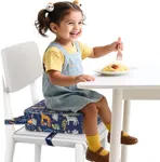 Toddler Booster Seat for Dining Table and Kitchen Chair – Adjustable Safety Straps, PU Leather, Non-Slip, Easy to Clean, Portable Travel Foam Booster Cushion for Kids & Toddlers (Blue-Animals)