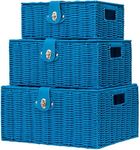 Homepeaz Set of 3 Woven Wicker Storage Basket Box with Lid & Lock, Built-in Carry Handles, Multifunctional Storage Organiser for Nursery, Baby, Clothes, Toys, Books, Large/Medium/Small Size (Sky Blue)