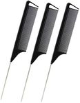 Reayou 3 PCS Black Tail Combs,Carbon Fiber Stainless Steel Pintail Comb and Heat Resistant Teasing Comb,Metal Parting Combs for Hair Styling Barber Salon Hairdressing Tools