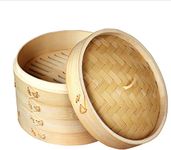 Natural Bamboo Steamer Basket,2 Tier Food Pot Basket Cooker,Chinese Food Steamer,Asian Style Cookware,Great for Dumplings, Vegetables, Chicken, Fish, Dim Sum (10 Inches)