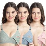 Zielen Women's Cotton Feeding Bra/Maternity/Nursing Bra Non Padded Wire Free Printed Maternity Bra for Women Pack of 3 (36, Blue-Pink-Green)