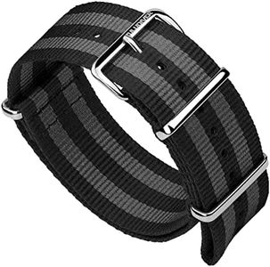 ZULUDIVER Classic Bond 1973 British Military Cadet. Black and Grey Nylon Mens Replacement Watch Strap. Rugged, Quick-Drying and Secure Wristwatch Strap for Outdoor Activities. Polished Buckle, 19 mm
