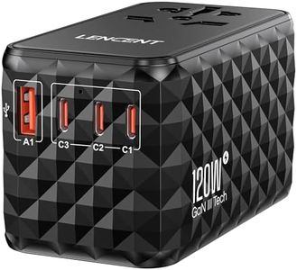 LENCENT Adaptateur de Voyage International 120W avec 1 USB-A et 3 USB-C PD Charge Rapide pour Téléphones Ordinateurs Portables, Adaptateur de Voyage Universel Tout-en-Un pour UK,EU,AU,US, Noir