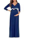 KIM S Maternity Maxi Dress with Flower Sash(S-3XL)/Wrapped Ruched V Neck Photoshoot Baby Shower Dresses, Navy Blue, Medium