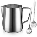 Milk Frothing Pitcher Jug - 12oz/350ML Stainless Steel Coffee Tools Cup - Suitable for Espresso, Latte Art and Frothing Milk, Attached Dessert Coffee Spoons