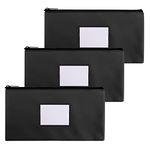 NICKANG 3 Pack Money Bag with Zipper for Cash | 11.25" x 6.25" | Black | Leatherette Bank Cash Deposit Bags with Clear Window and 3 Blank Cards, for Organizing Cash, Checks, Receipts, Invoices, Bills and Coins. (3 Black)