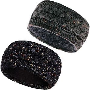 H HOME-MART 2 Packs Women Winter Knitted Headbands Ear Warmer Headbands with Soft Fleece Lined Thicken Crochet Braided Hairband Knit Cable Headbands Elastic Twist Turban Headwrap for Women Girls (Confetti Black+Confetti Gray)