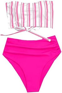 SweatyRocks Women's Bathing Suits Striped Bandeau Bikini high Waisted Swimsuits Swimwear Set Hot Pink White S