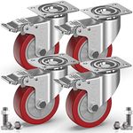 GBL 4" Heavy Duty Caster Wheels with 4 Brakes + Screws - up to 1320Lbs - Set of 4 No Floor Marks Silent Castor for Furniture - Rubbered Dolly Swivel Wheels - Silver Casters