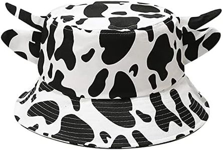 Malaxlx Cow Print Bucket Hat for Women, Summer Travel Beach Outdoor Sun Hat with Cow Horn Ears