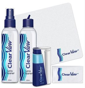 Clear View Lens Cleaner Kit | 2 x 8oz. Bottles + 1 Travel Spray Kit (1oz.) w/Premium Microfiber Cloth + 2 Premium Microfiber Cloths | Safe on All Lenses, Coatings, & Screens