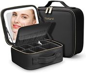 Travel Makeup Organizer with LED Lighted Mirror Makeup Train Case 3 LED Color Adajustable, Makeup Case Waterproof (10.3 Inch Black)